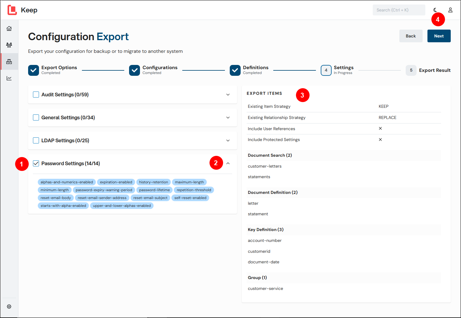 The Settings page of the Configuration Export process.